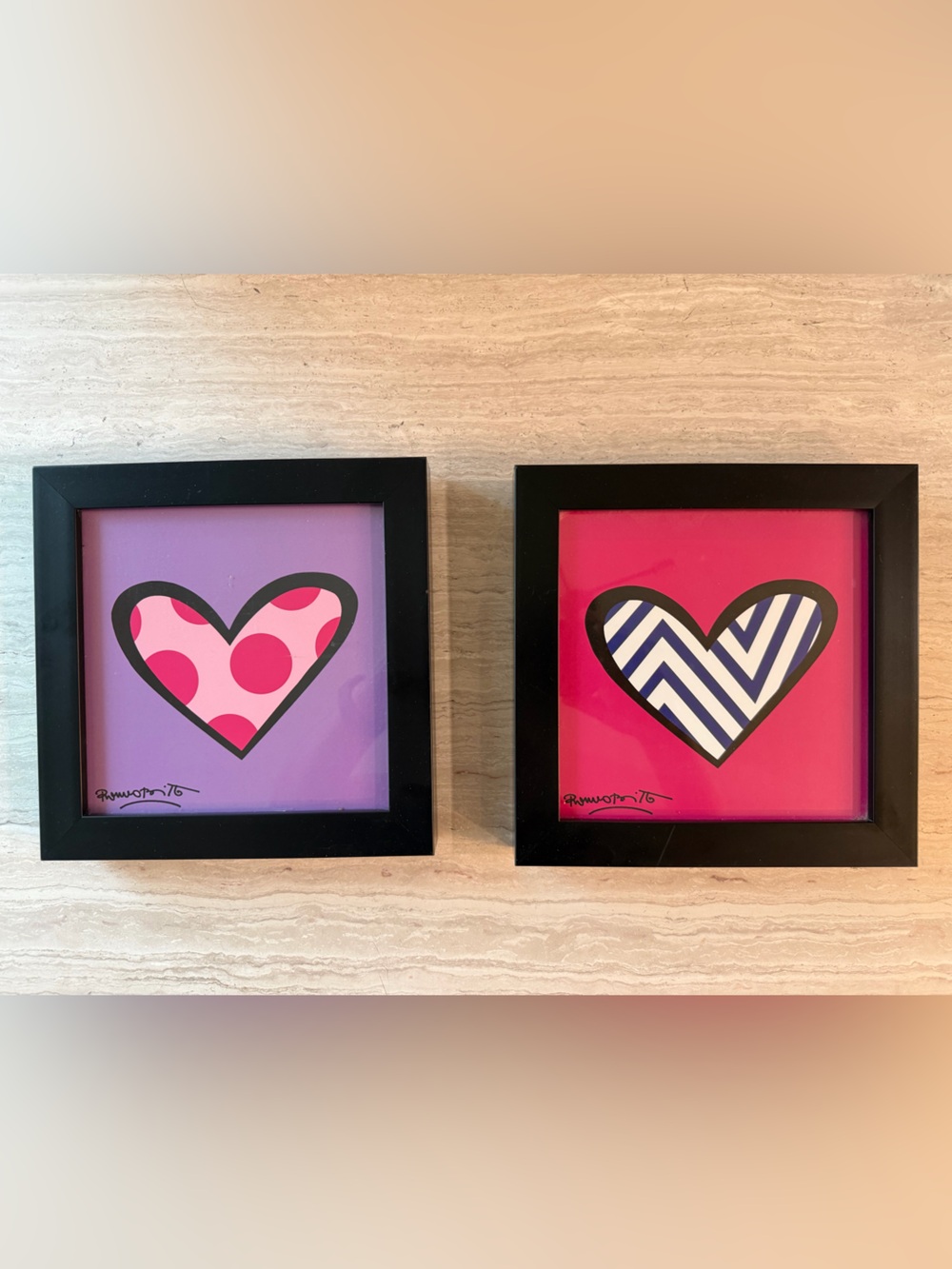 Romero Britto Framed Heart Pop Art Prints Set of 2 Pink Polka Dot Chevron Stripe